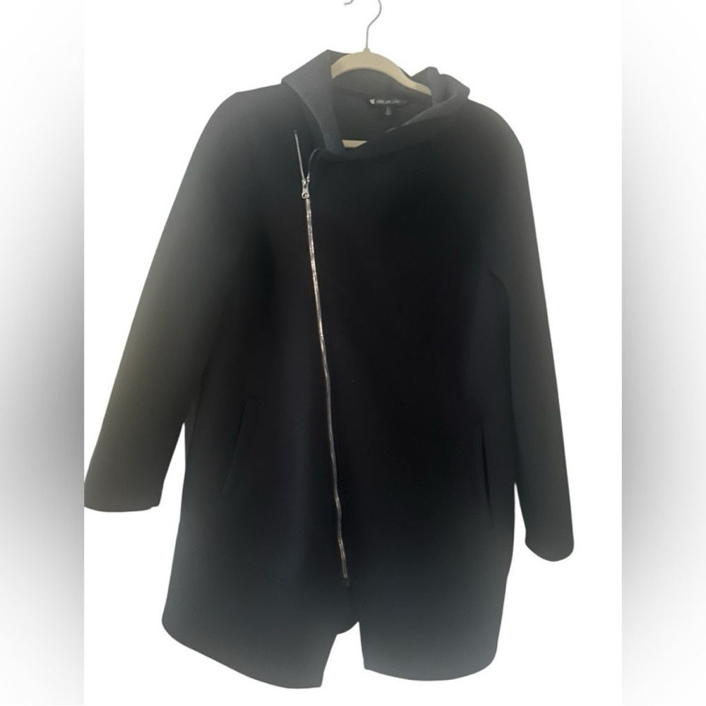 Love. Life. Live. Elegant Black Asymmetrical Trench Coat.